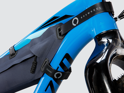 Off-Road Frame Bag Small designed in a pencil style to hold heavy equipment securely, featuring waterproof fabric, strong YKK™ zipper, and cable/hydration port for convenience.