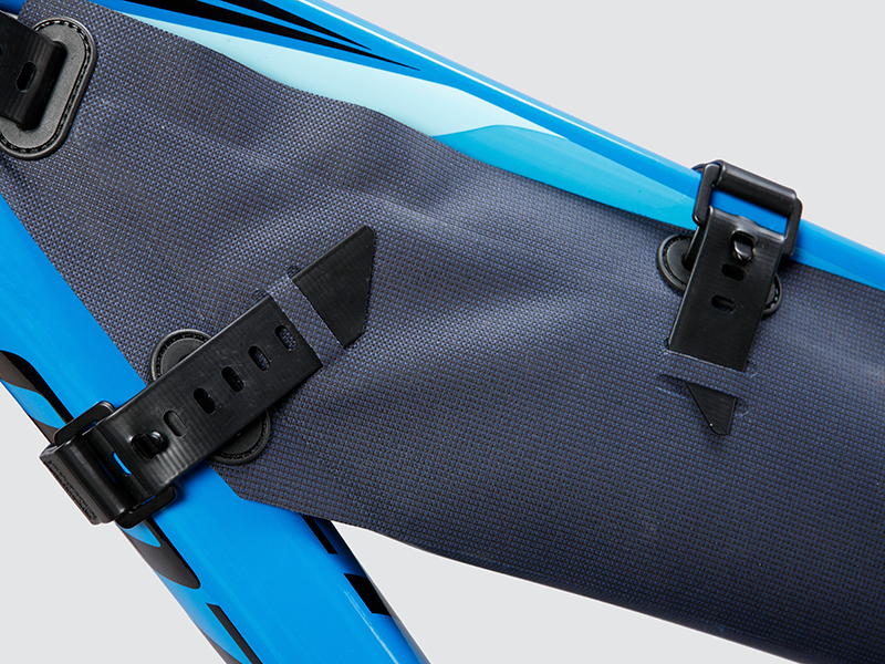 Off-Road Frame Bag Small designed in a pencil style to hold heavy equipment securely, featuring waterproof fabric, strong YKK™ zipper, and cable/hydration port for convenience.