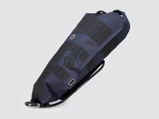 Off-Road Seat Pack Large with tapered design for easy access, featuring M.O.L.L.E. attachment system, durable waterproof fabric, and a stable adjustable rack for secure fitting.