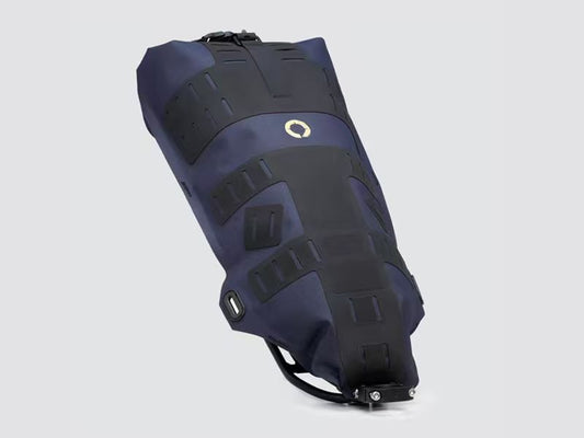 Off-Road Seat Pack Large with tapered design for easy access, featuring M.O.L.L.E. attachment system, durable waterproof fabric, and a stable adjustable rack for secure fitting.