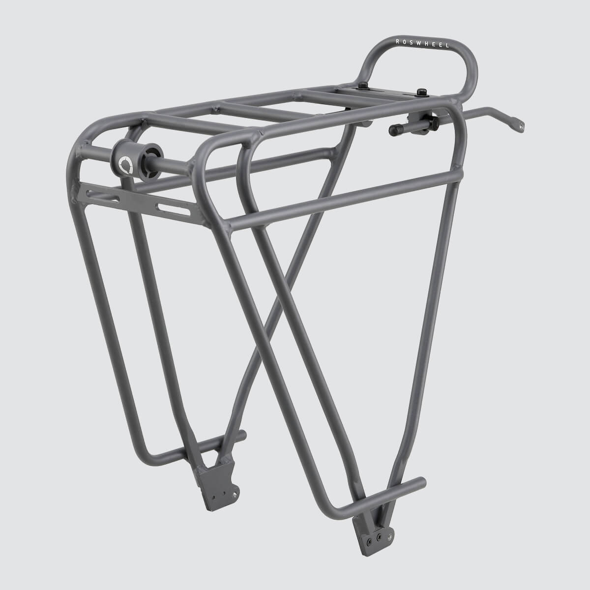 Tour rear rack for large loads, compatible with pannier bags and disc brake bikes, featuring dual-level design.