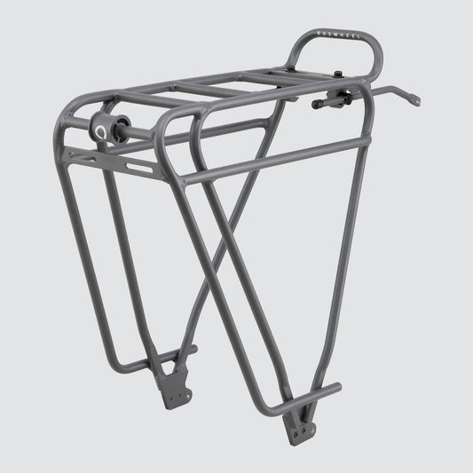 Tour rear rack for large loads, compatible with pannier bags and disc brake bikes, featuring dual-level design.
